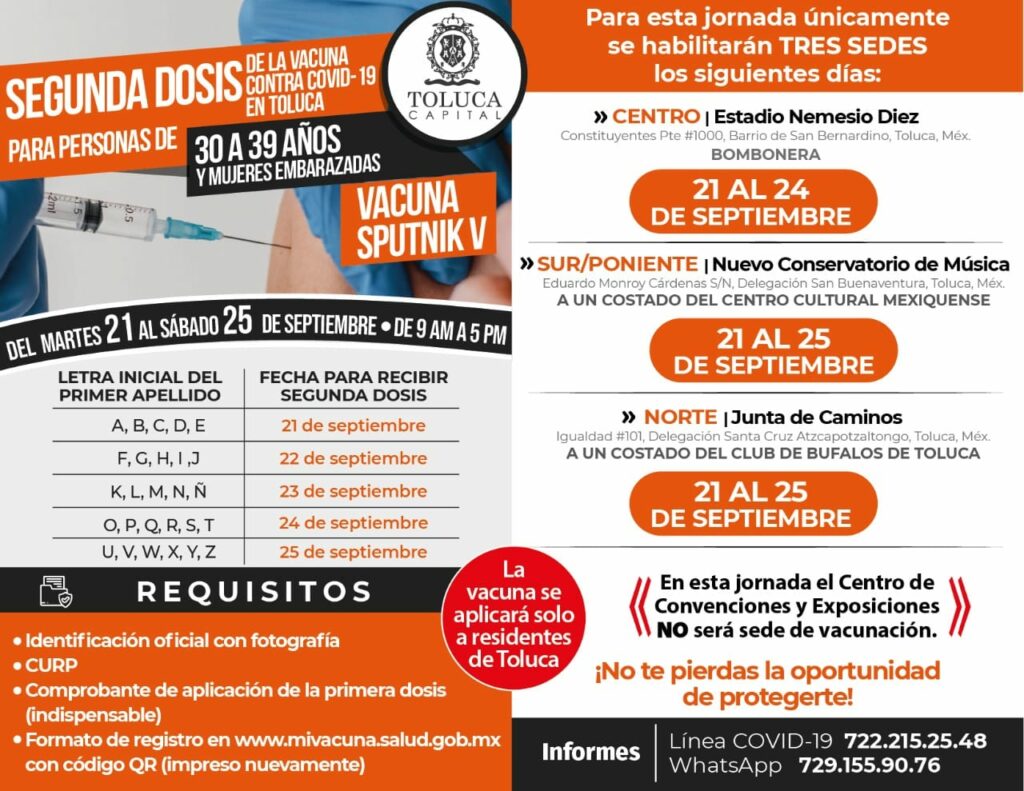 Vacuna Covid segunda dosis Toluca 30 a 39 años Calendario y documentos