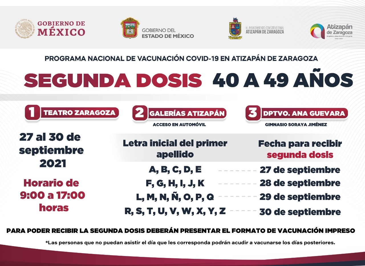 Calendario segunda dosis vacuna Covid Atizapán de Zaragoza 40 a 49 años -  Unión EDOMEX