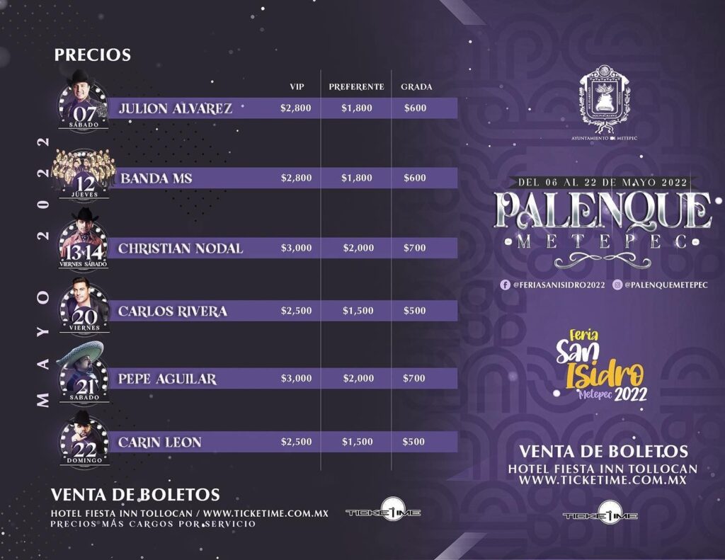 Costo de los boletos palenque Feria San Isidro Metepec 2022 Unión EDOMEX